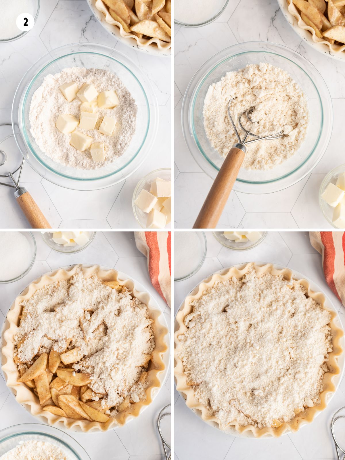 4 different photos of making and adding crumb topping to the top of apple slices in pie dough.