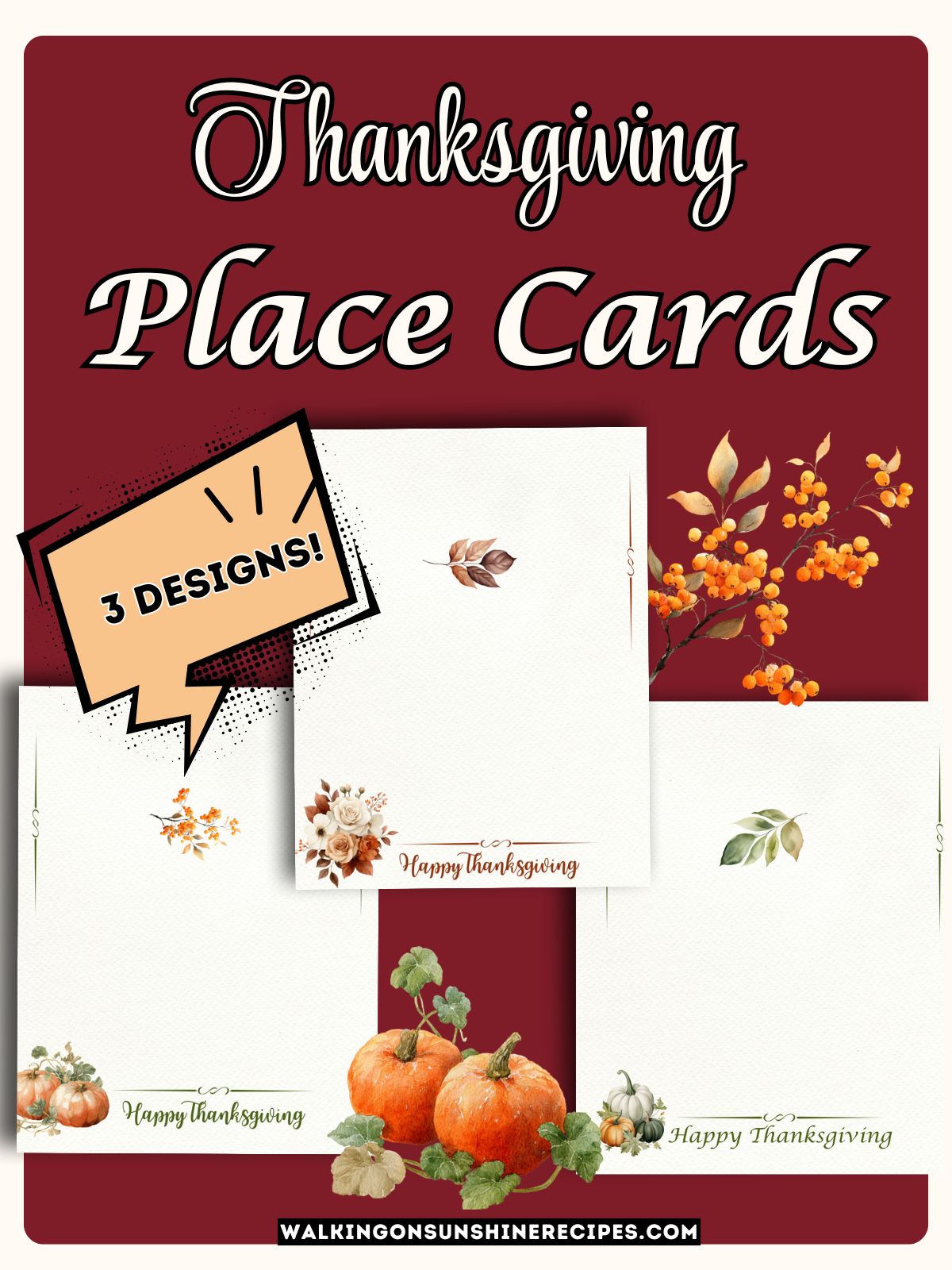 Printable Thanksgiving buffet labels and place cards with pumpkins, florals, and Happy Thanksgiving text.
