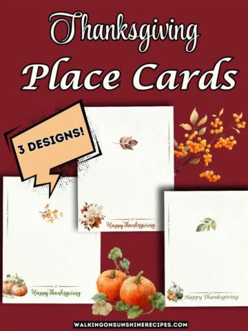 Printable Thanksgiving place cards and buffet labels in fall colors with pumpkins, leaves, and floral accents.