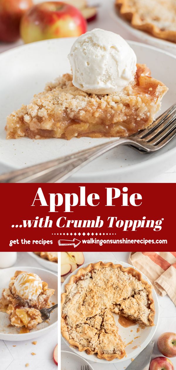 collage photo of apple pie with crumb topping.