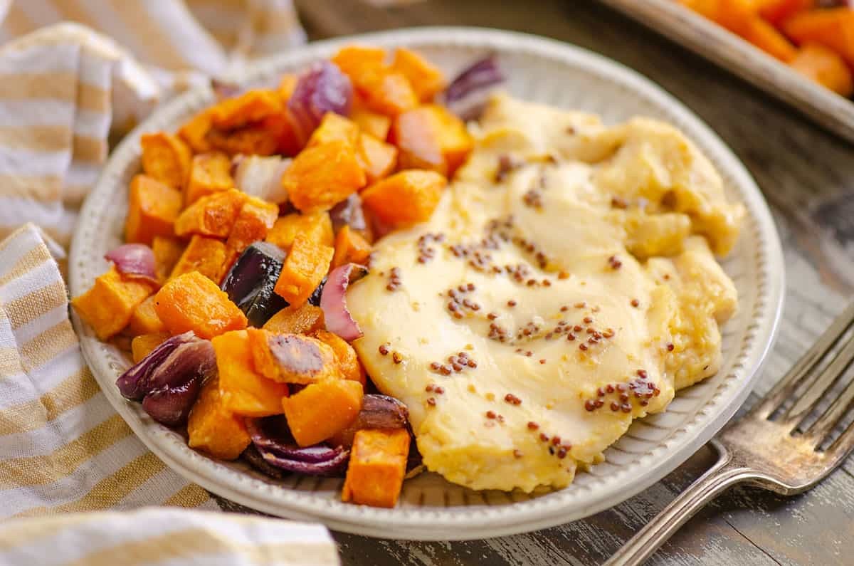 Honey Mustard Chicken & Sweet Potato Sheet Pan Dinner