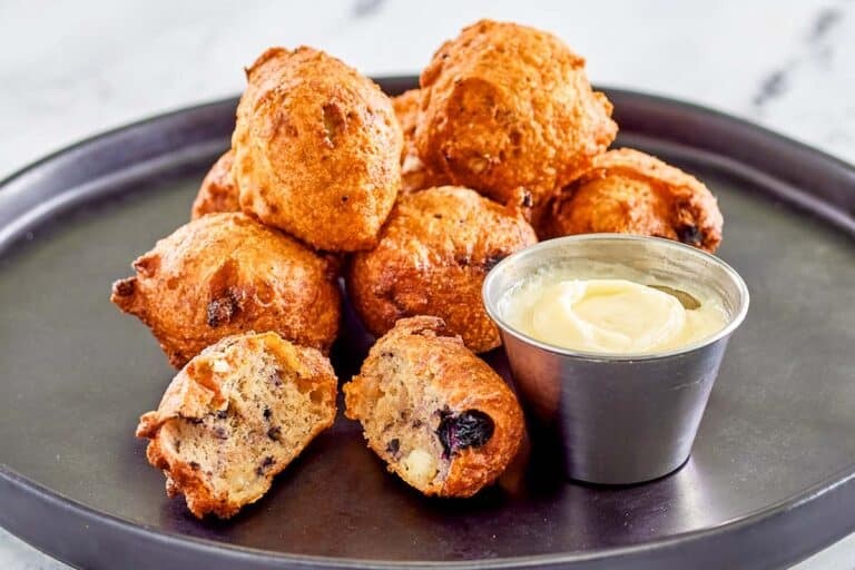 Denny’s Blueberry Pancake Puppies with Cheesecake Dip