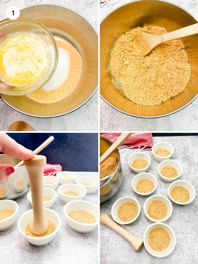 process photo collage of preparing graham cracker crumbs for sugar free cheesecake pudding.