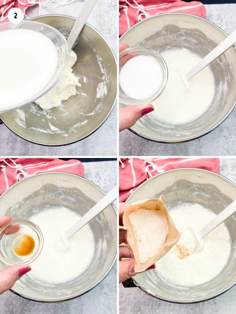 preparing sugar free cheesecake pudding in metal bowl with rubber spatula.