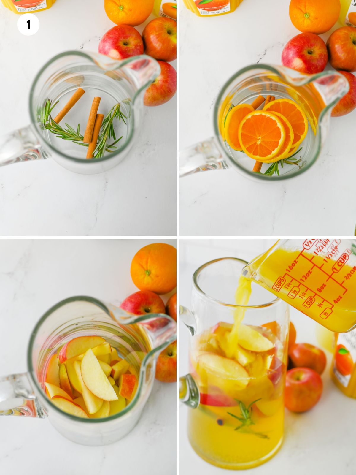 Non Alcoholic Punch in Pitcher with oranges, apples and cinnamon sticks process photo collage.