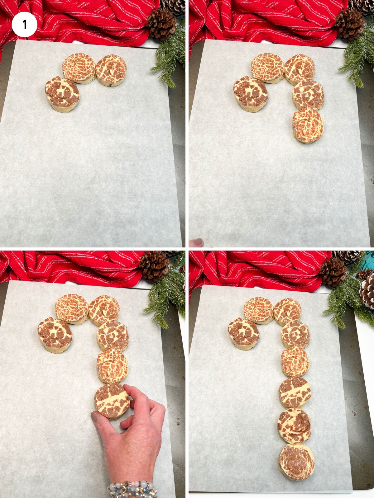 laying out the canned cinnamon rolls in the shape of a candy cane.