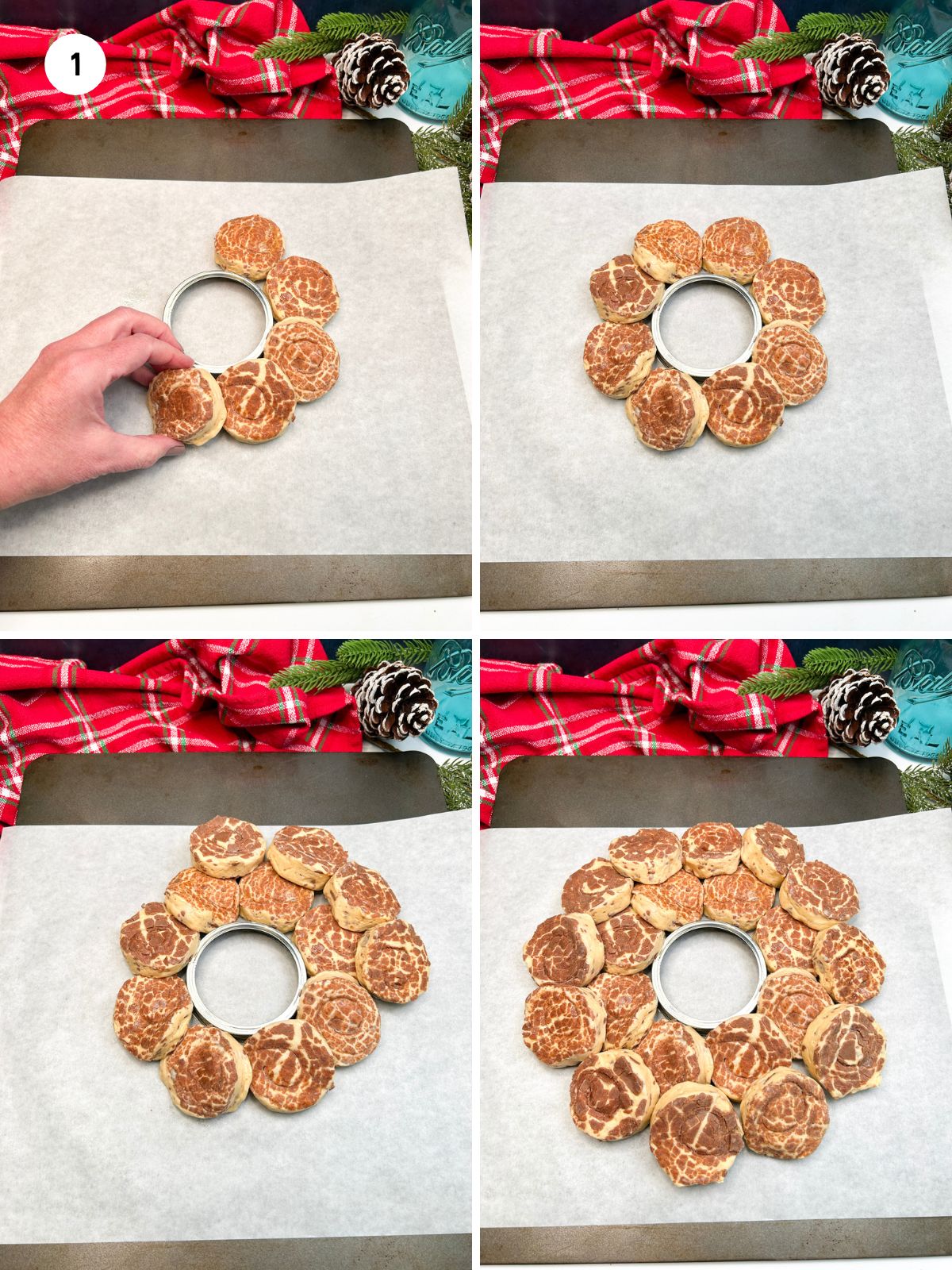 process shots of layering refrigerated cinnamon rolls into the shape of a wreath.