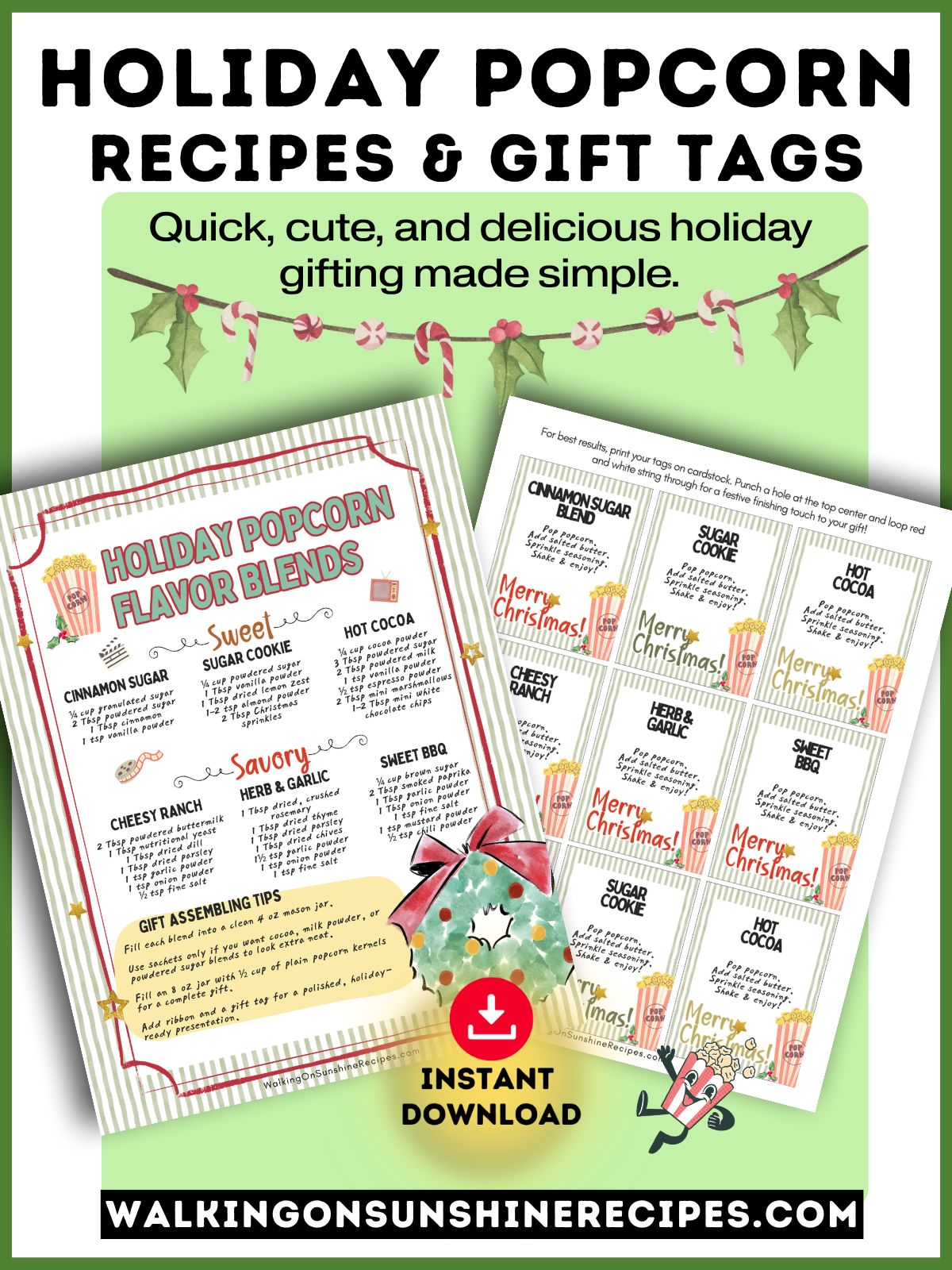 Free printable for holiday popcorn seasoning mixes.