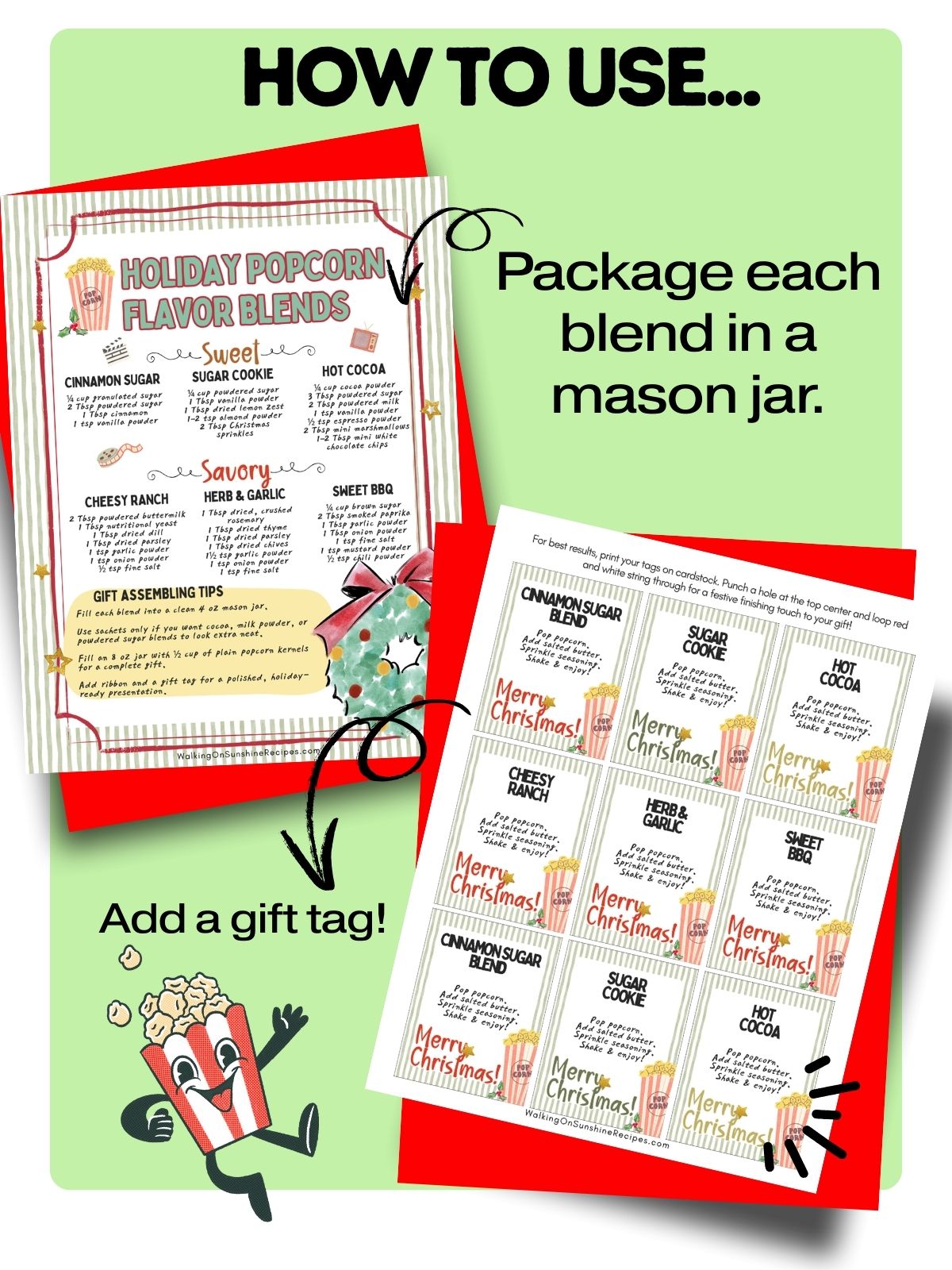 how to use holiday popcorn printable gift tags.