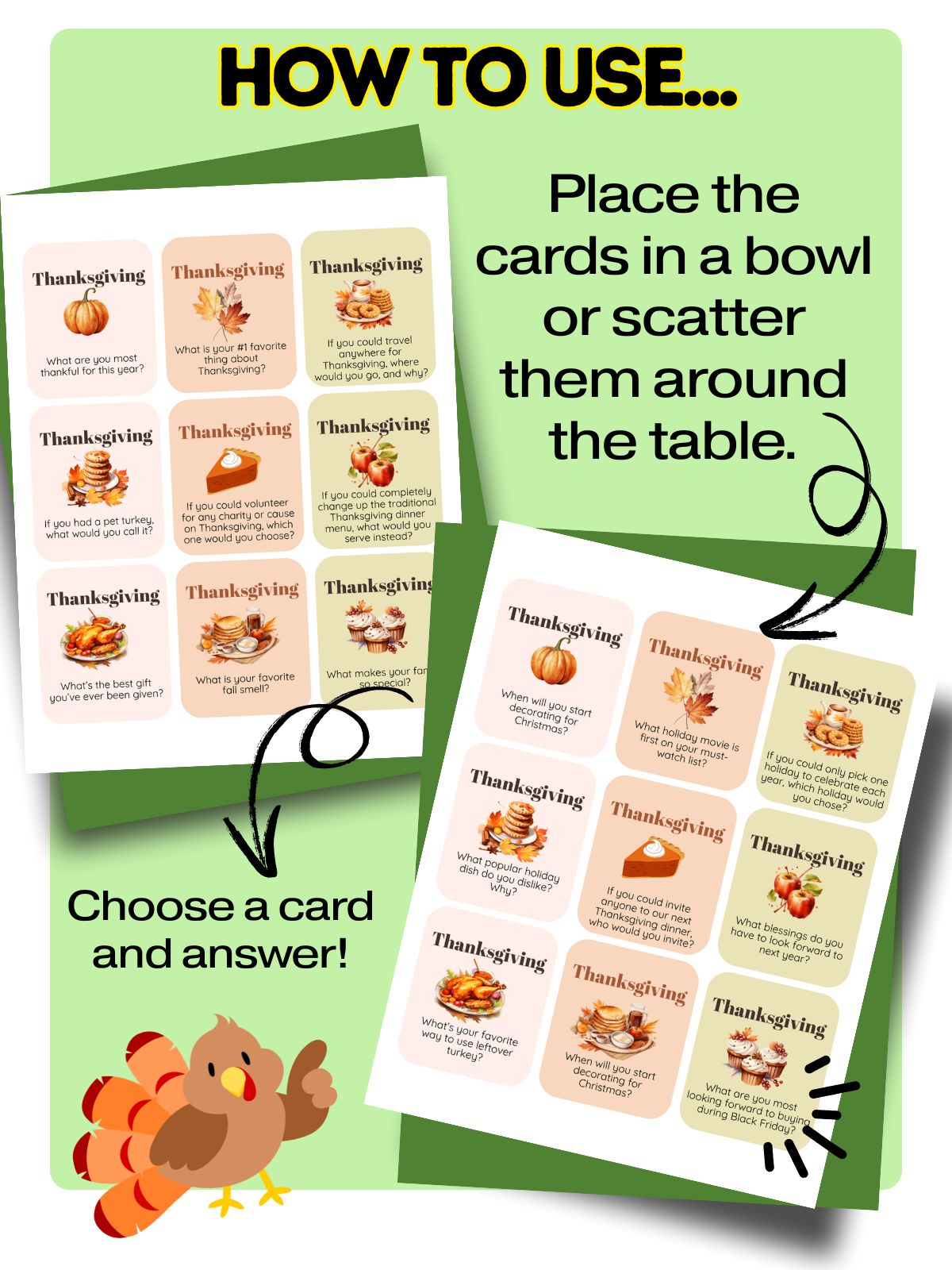 Graphic for How to use Thanksgiving Conversation Starters Printable.