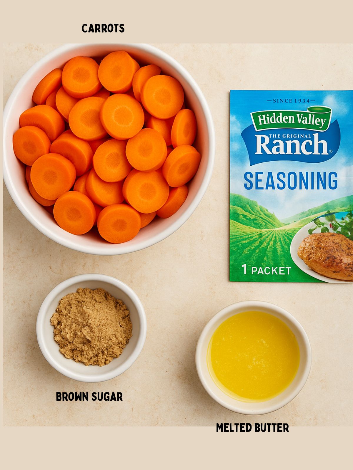 Ingredients for Hidden Valley Ranch Carrots.