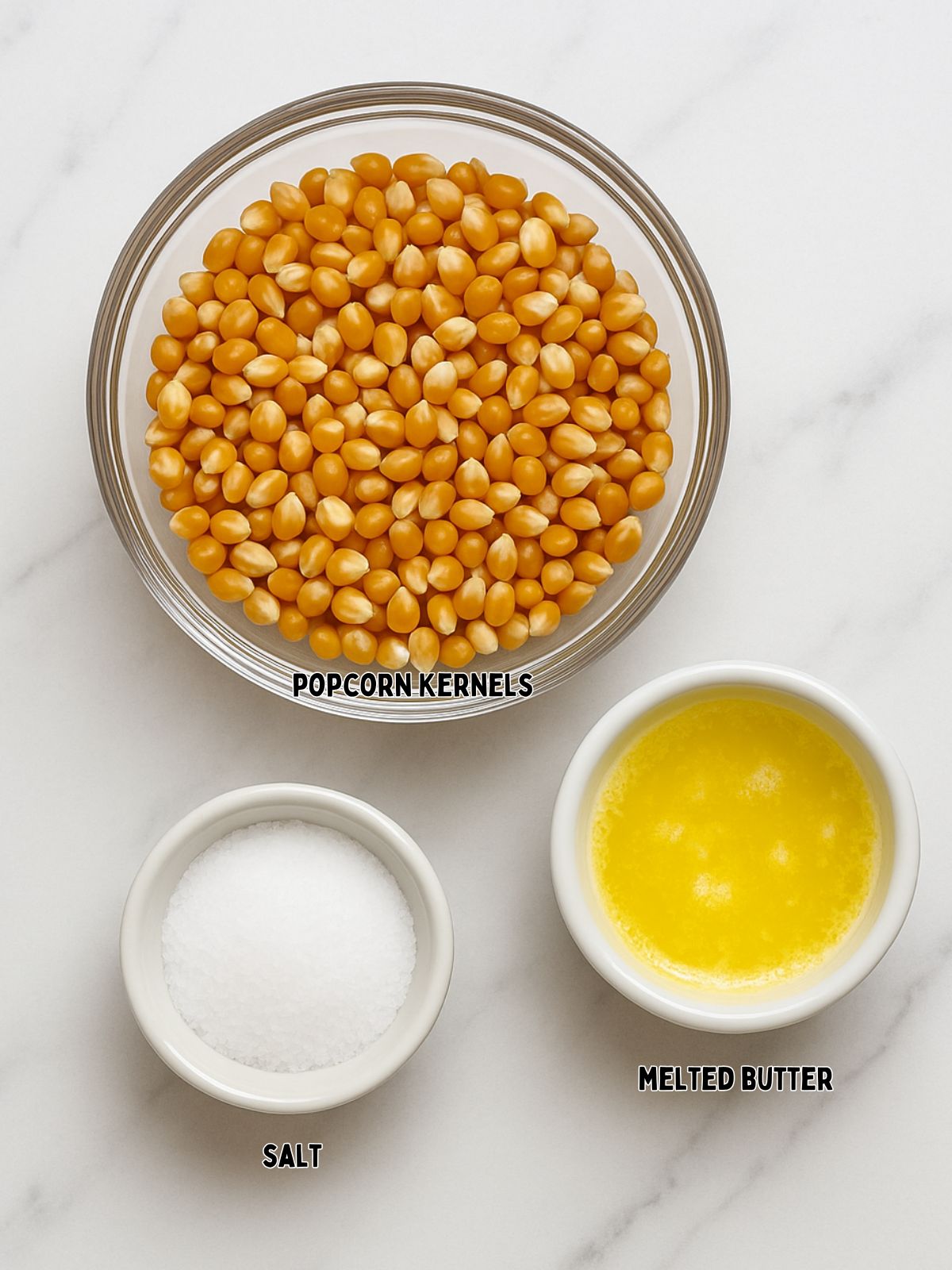 Ingredients for microwave popcorn in bowls.
