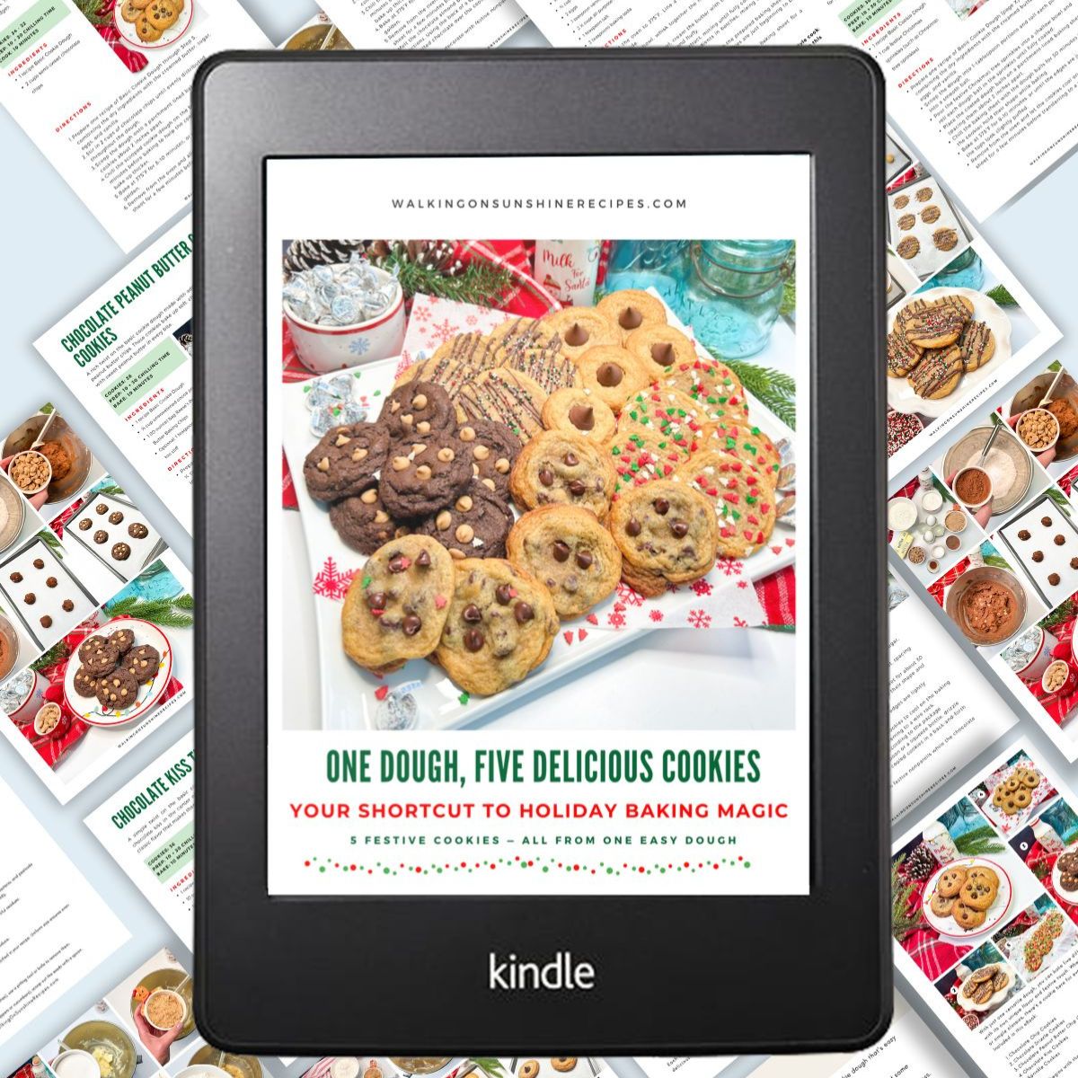 christmas cookies made with one dough promo photo in Kindle with sample pages behind.