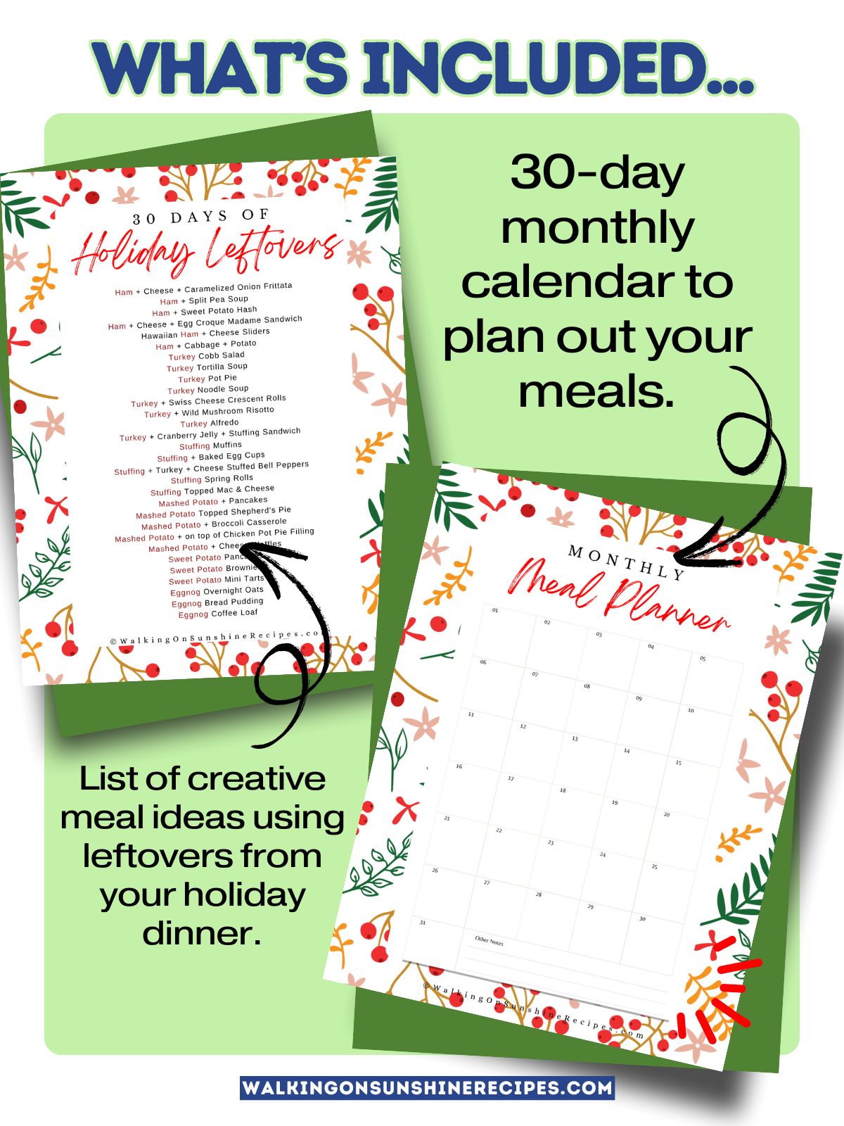 2 photos showing what's included in the 30 day leftover planner for the holidays.