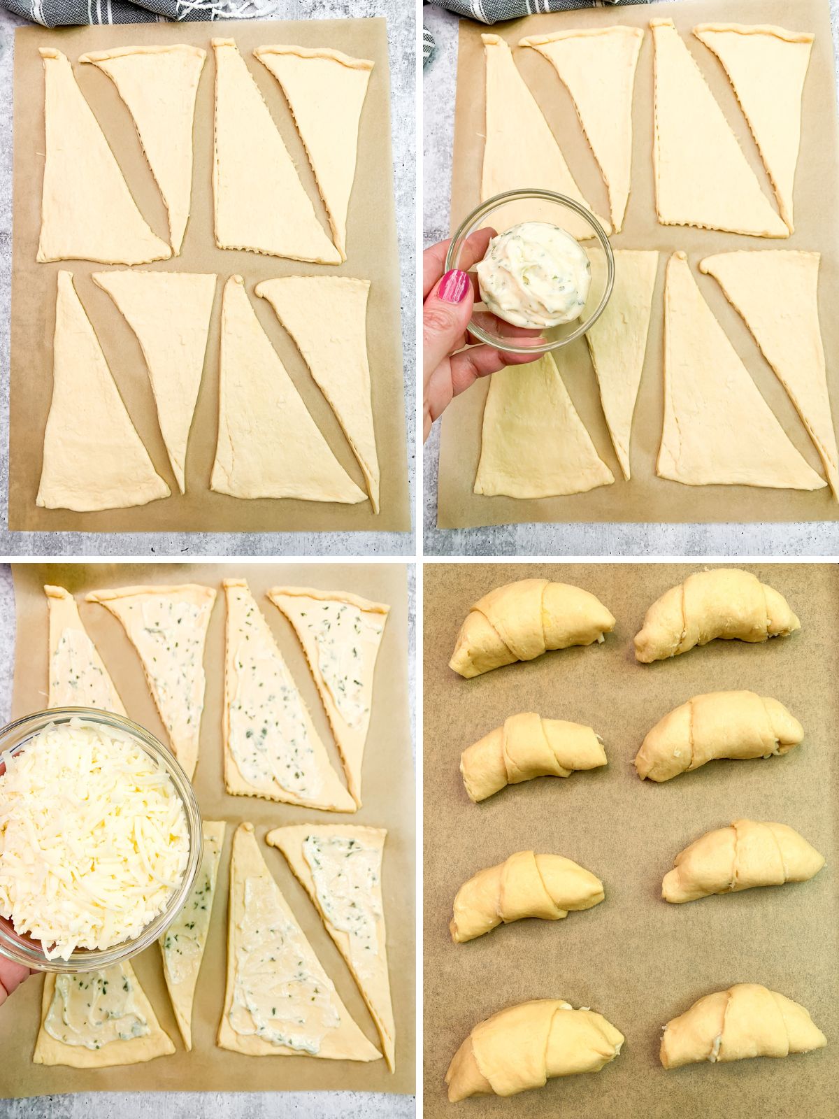 step by step photos for spreading garlic butter on crescent rolls and rolling them up before baking.