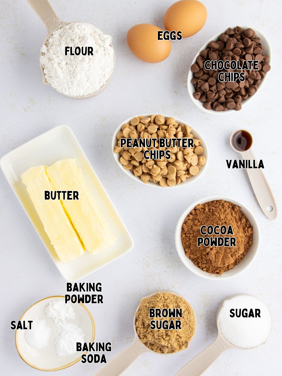 Ingredients to make Chocolate Peanut Butter Cookies.