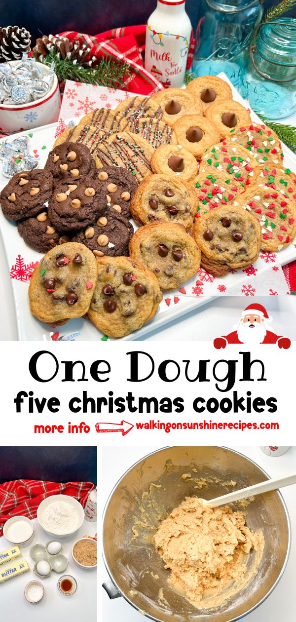 Five Christmas cookies made from one easy basic cookie dough, shown with festive toppings and labeled One Dough Five Christmas Cookies.