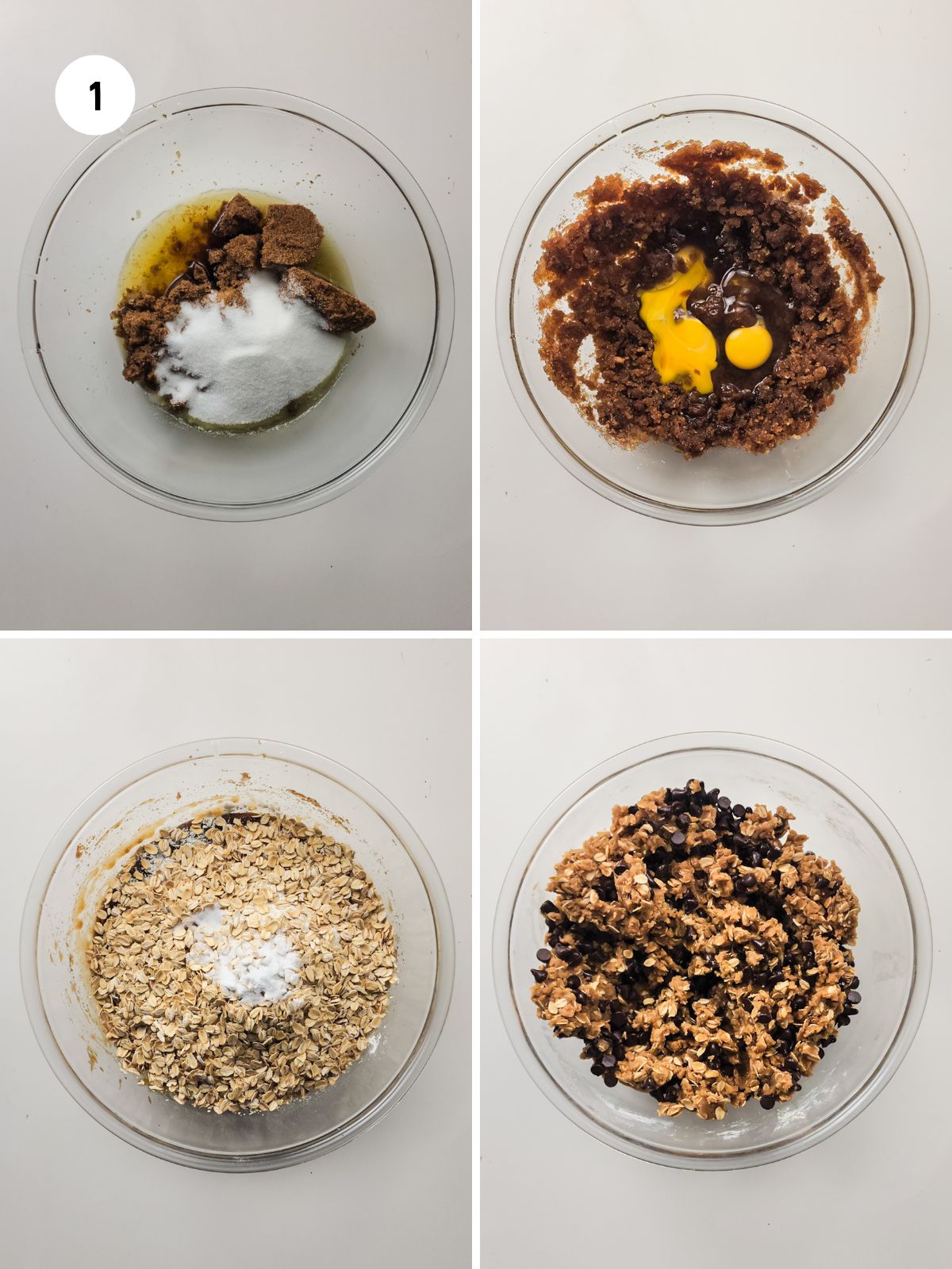 photo collage of steps to mix dough together in glass bowls for cookies.