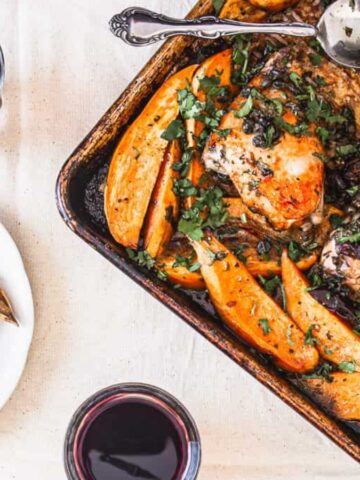 Chicken Marbella Ottolenghi on a baking dish.