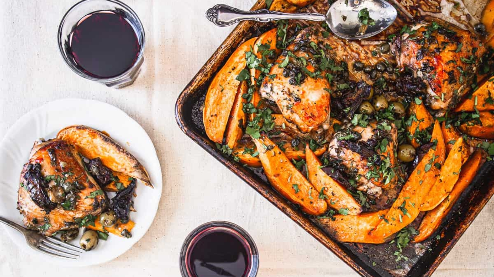 Close up on ottolenghi chicken marbella on plate.