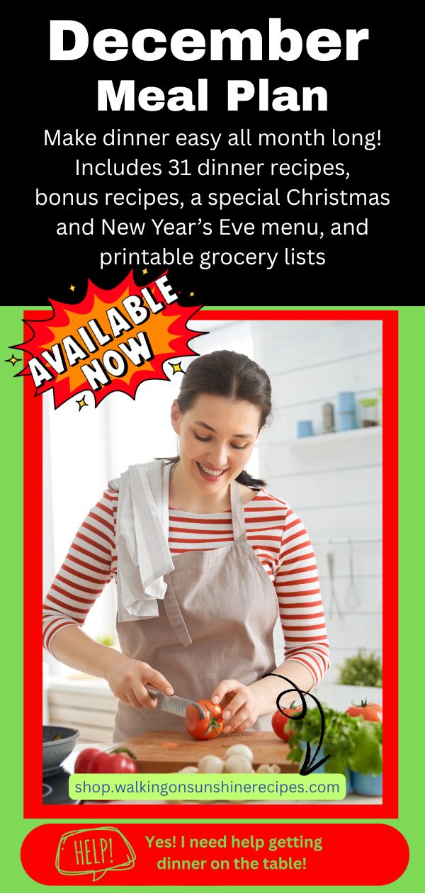 december meal plan with mom slicing tomatoes in her kitchen.