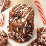 Stack of Easy Chocolate Peppermint Cookies. The top cookie has a bite taken out.