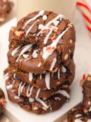 Stack of Easy Chocolate Peppermint Cookies. The top cookie has a bite taken out.