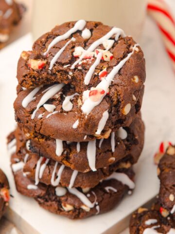 Stack of Easy Chocolate Peppermint Cookies. The top cookie has a bite taken out.
