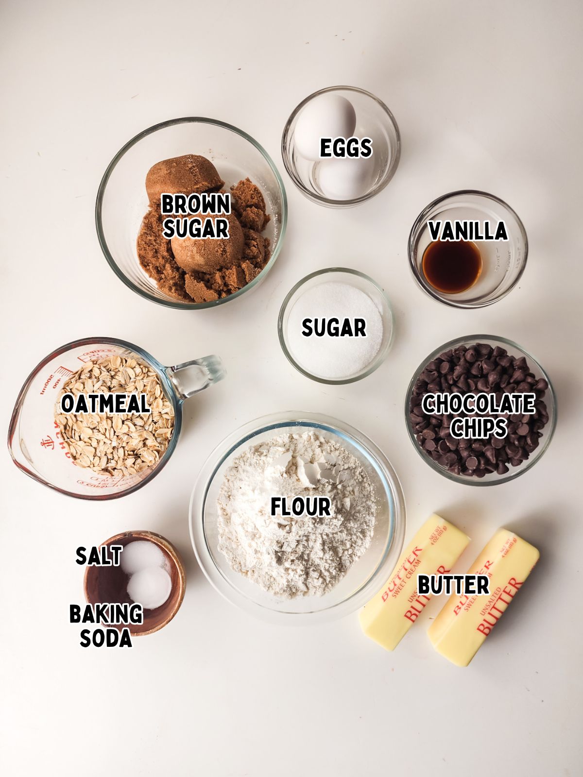 Ingredients for Chocolate Oatmeal Cookies in small bowls.