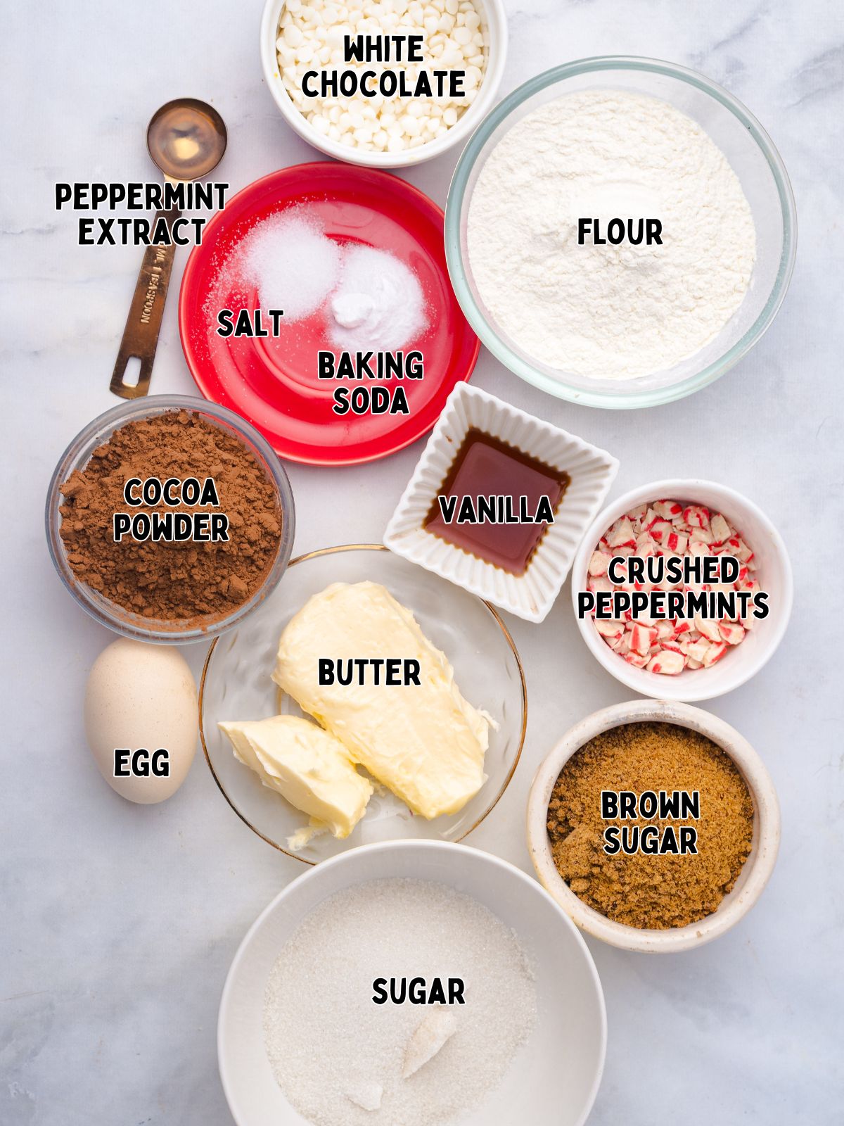 Ingredients for Chocolate Peppermint Cookies.