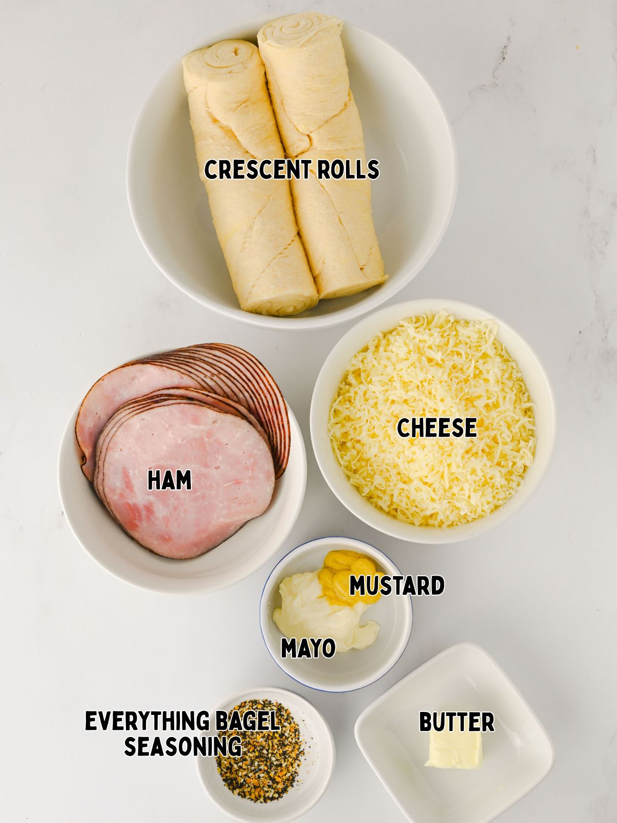 Ingredients for Ham and Cheese Crescent Roll Pinwheels.