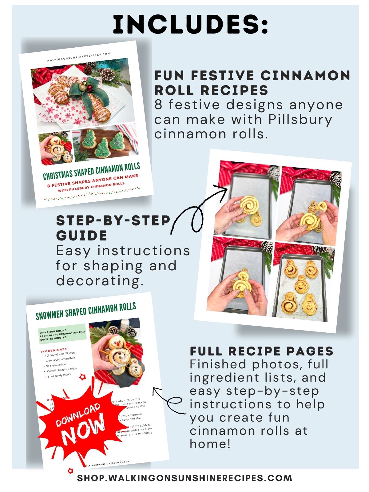 3 photo collage showing what's included in the ebook for shaped christmas cinnamon rolls.