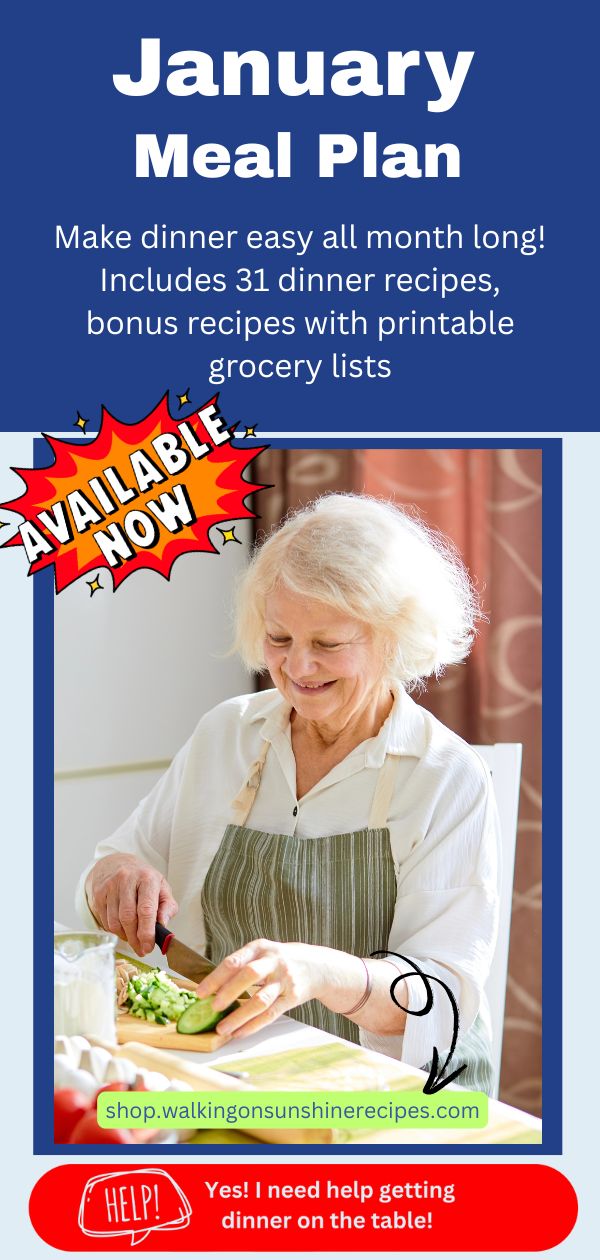 Pinterest graphic of lady preparing dinner by cutting up vegetables wearing an apron.
