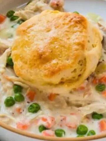 Pillsbury chicken pot pie topped with golden biscuits.