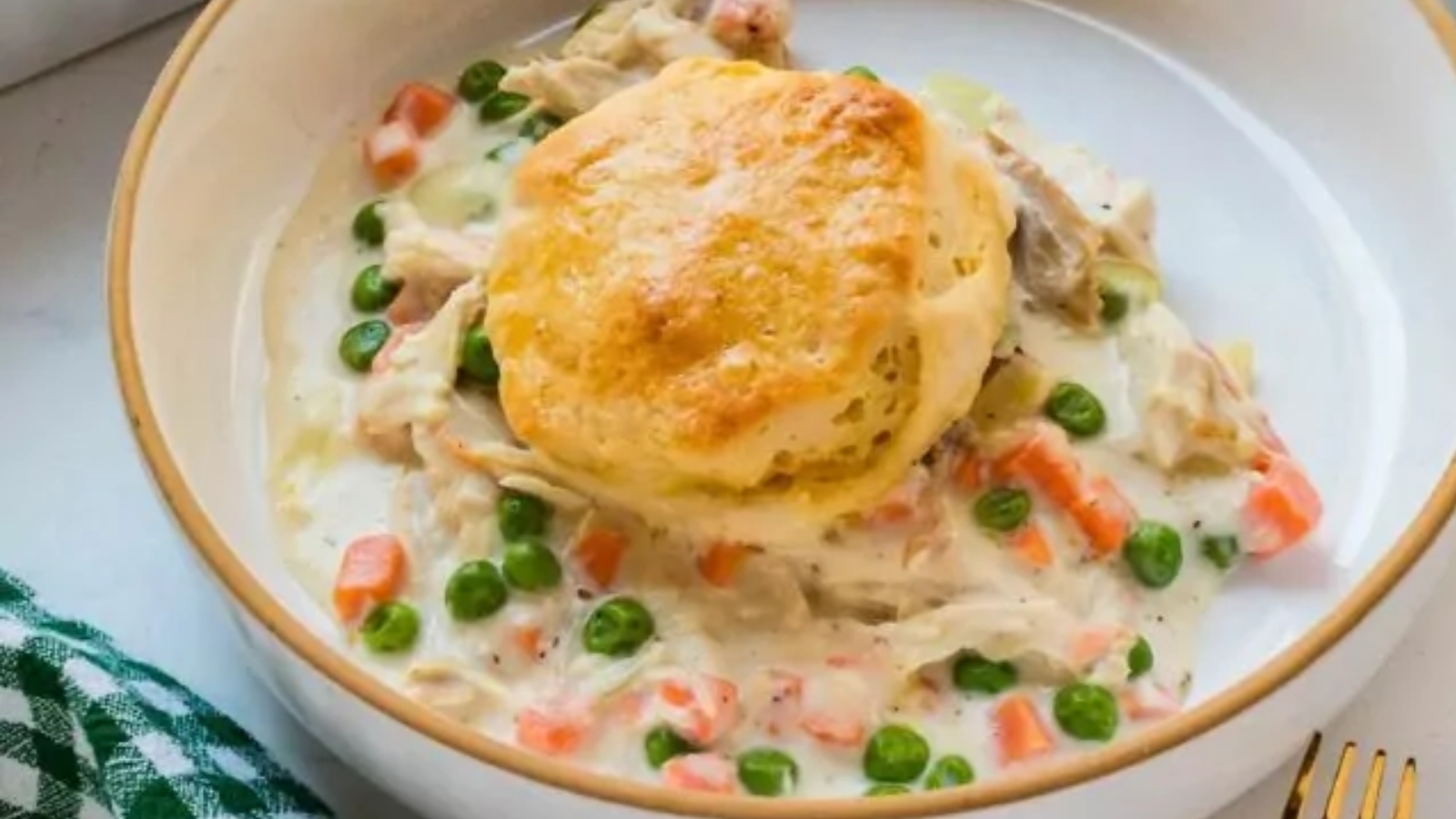 Pillsbury chicken pot pie topped with golden biscuits.