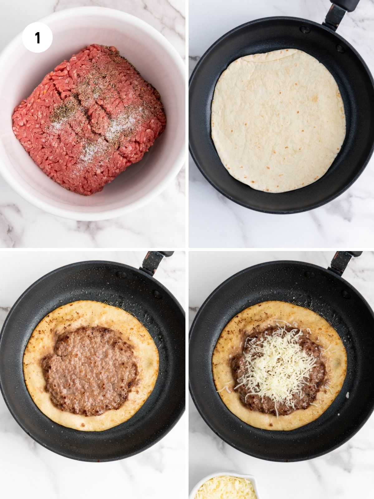 Collage of steps cooking the smashed burger tacos.
