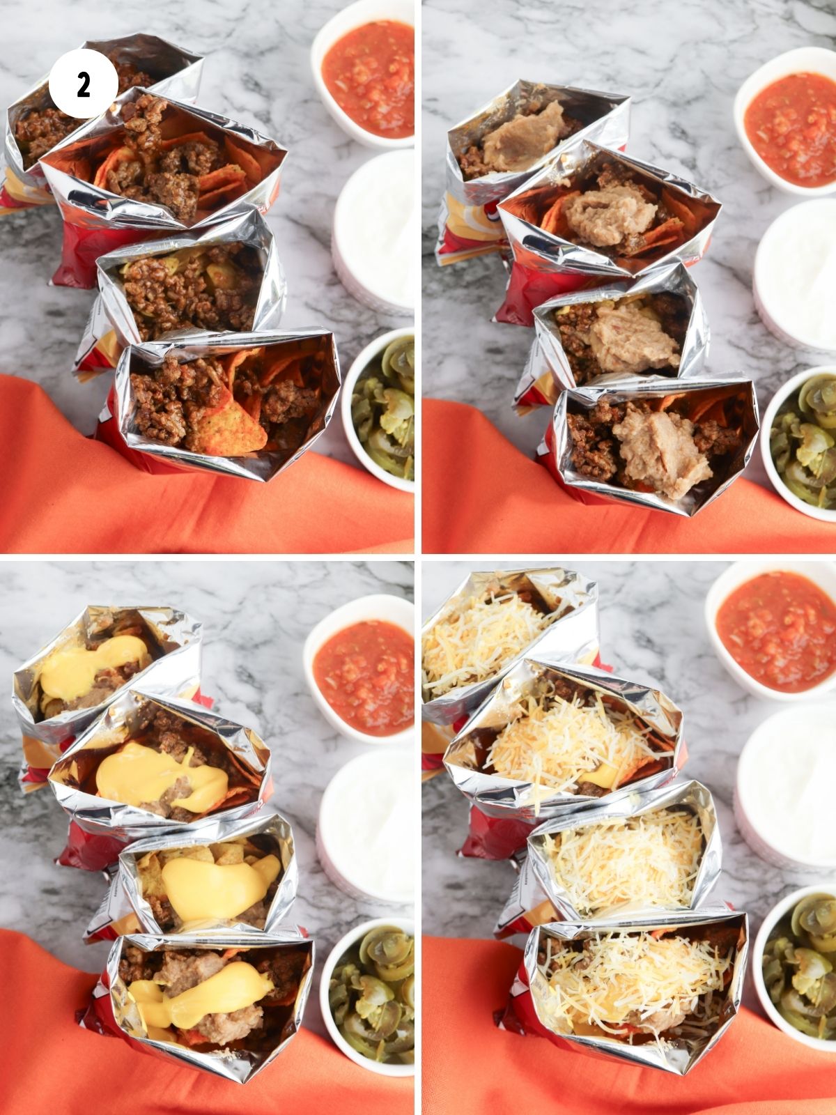 Collage of photos showing the fillings being added on top of the chips.