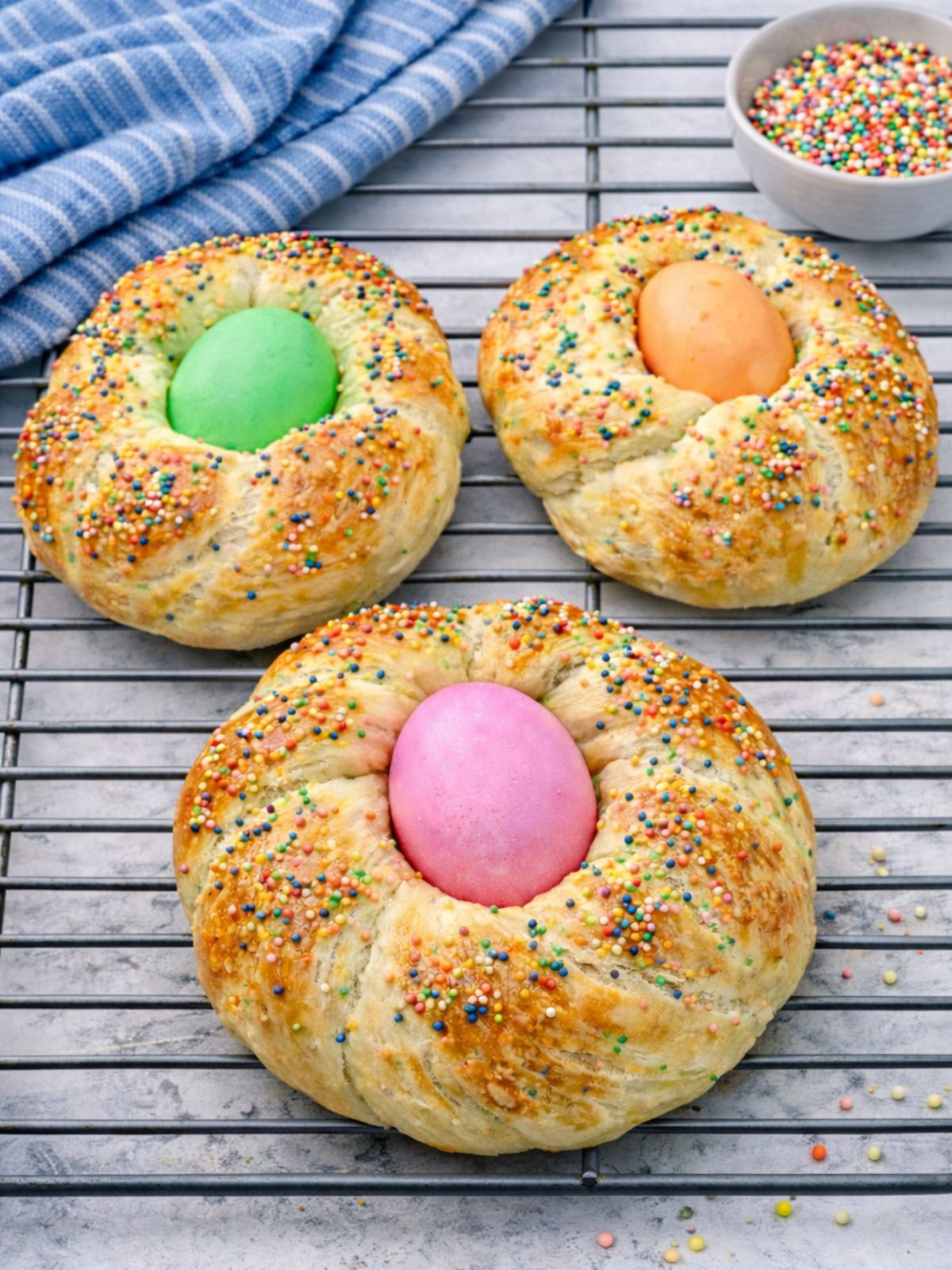 3 individual loaves of Easter bread rings on wire rack.