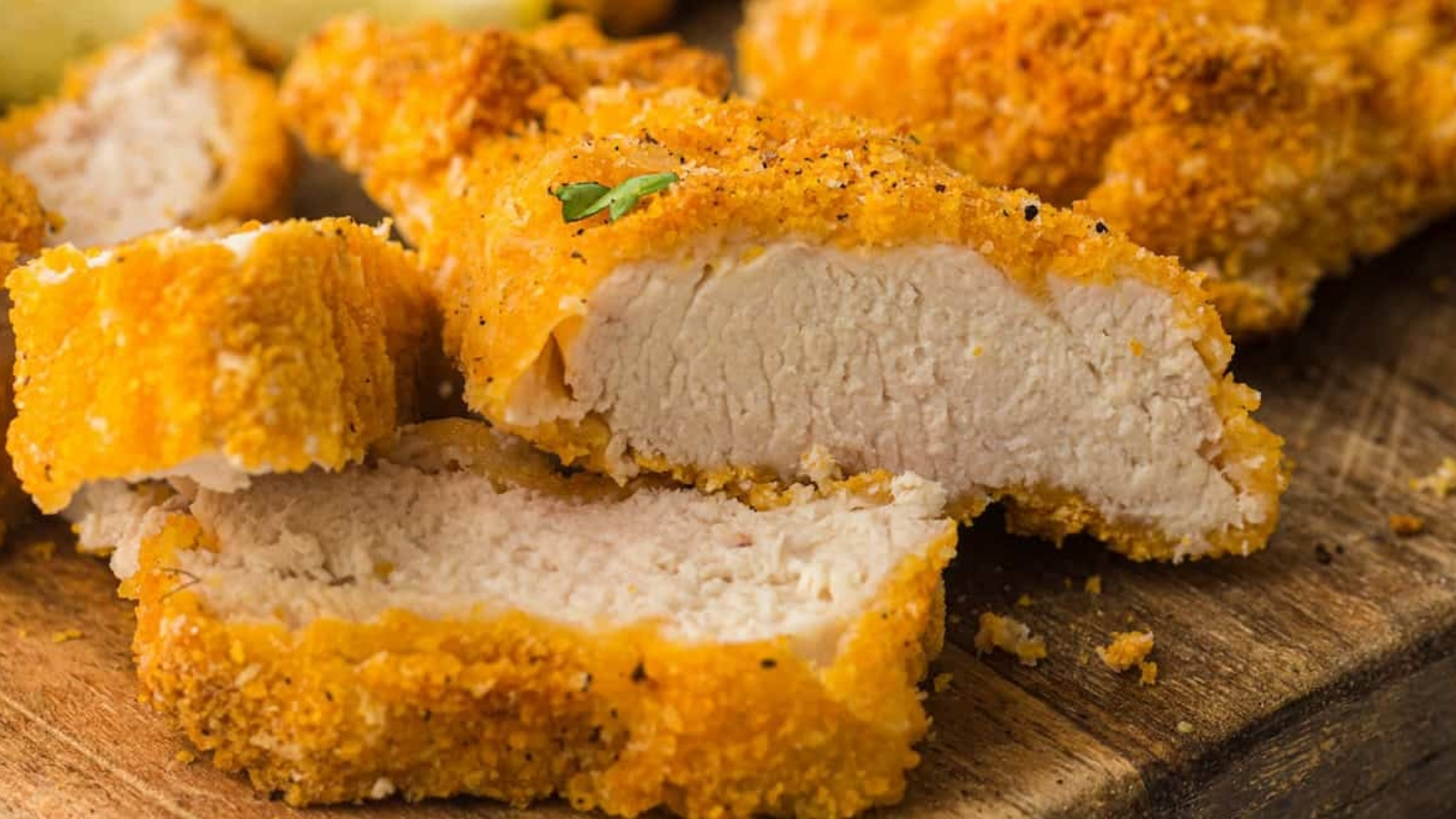 Sliced breaded and fried chicken breast on a wooden board, garnished with herbs and accompanied by lemon slices.