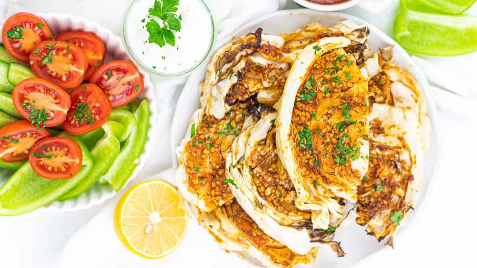 A plate of grilled cabbage wedges topped with herbs.