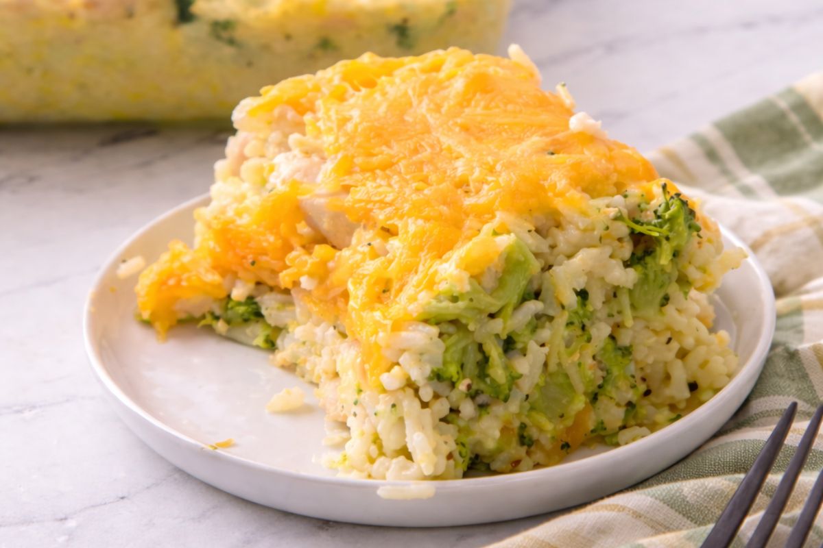 Chicken Rice Casserole with Broccoli served on a white plate.