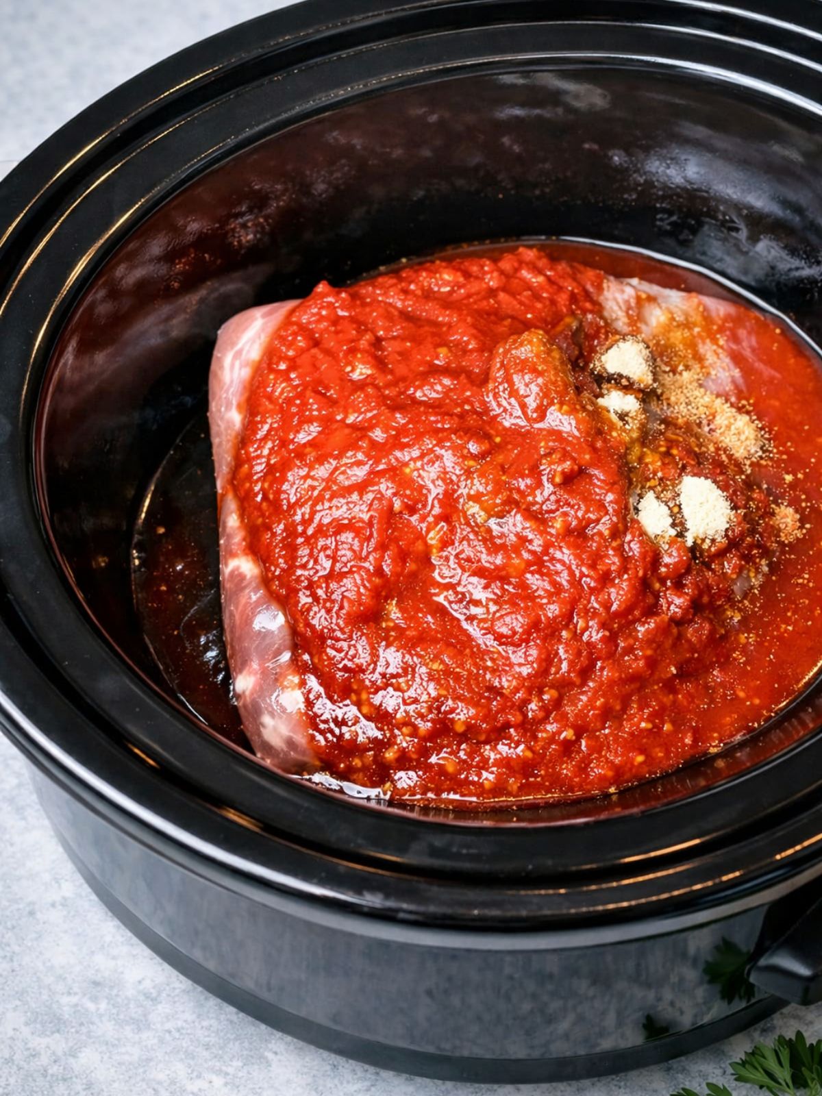Crock Pot Brisket Recipe - Beth's Brisket Recipe from Walking on Sunshine Recipes Chili sauce on brisket in crock pot.