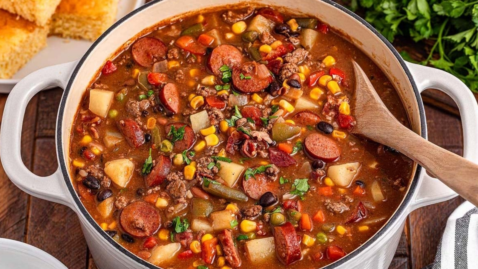 A pot of mixed vegetable and sausage stew with corn, beans, potatoes, and herbs, accompanied by sliced cornbread on the side.