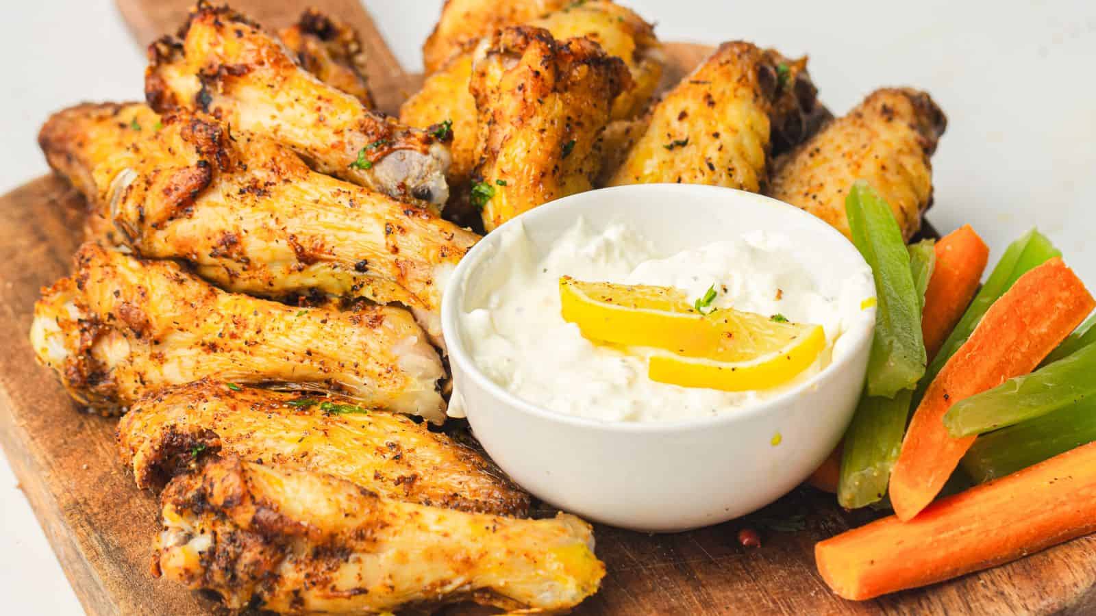 A wooden board with seasoned chicken wings, a bowl of creamy dipping sauce topped with lemon slices, and carrot and celery sticks on the side.