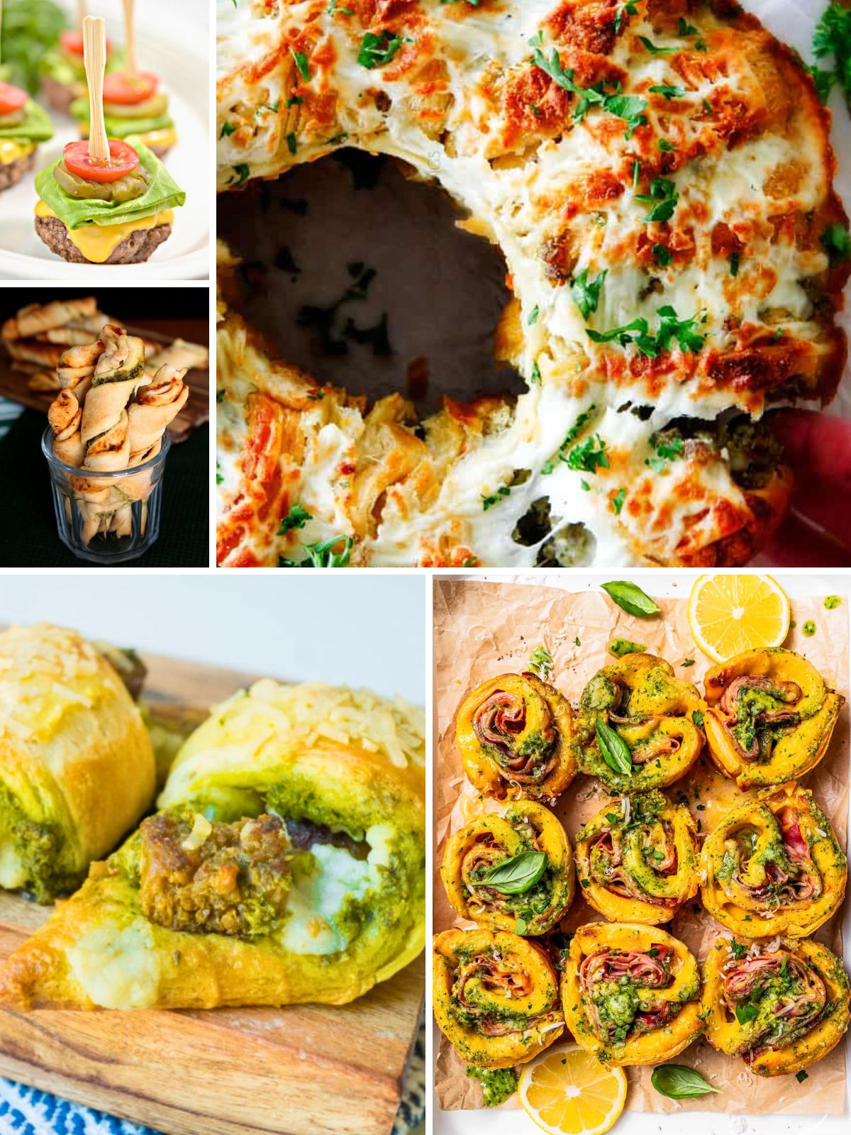 Assorted pesto crescent roll appetizers displayed in a photo collage, perfect for parties and holiday entertaining