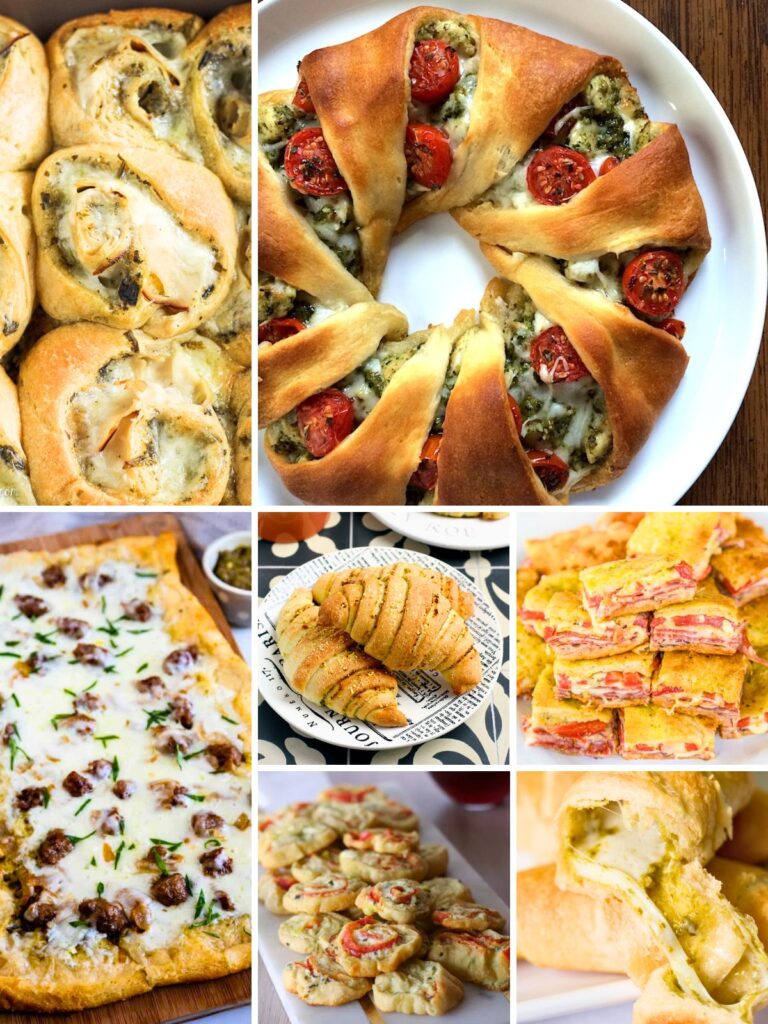 Collage of easy pesto crescent roll appetizers, bite-size party snacks arranged on serving trays