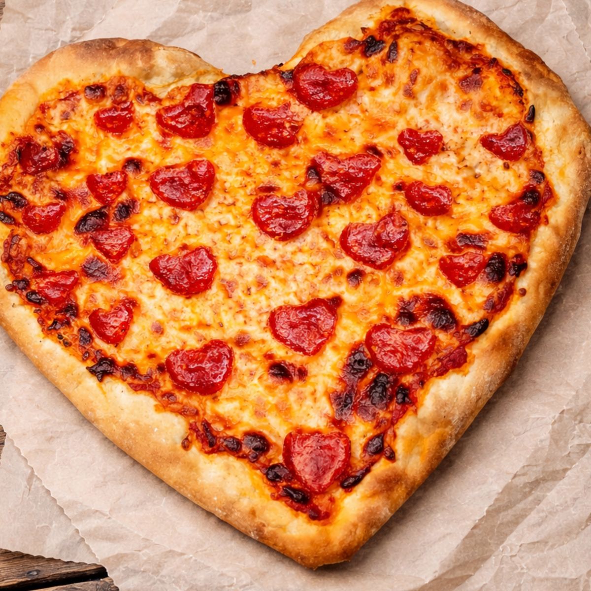 baked pizza on parchment paper with pepperoni.