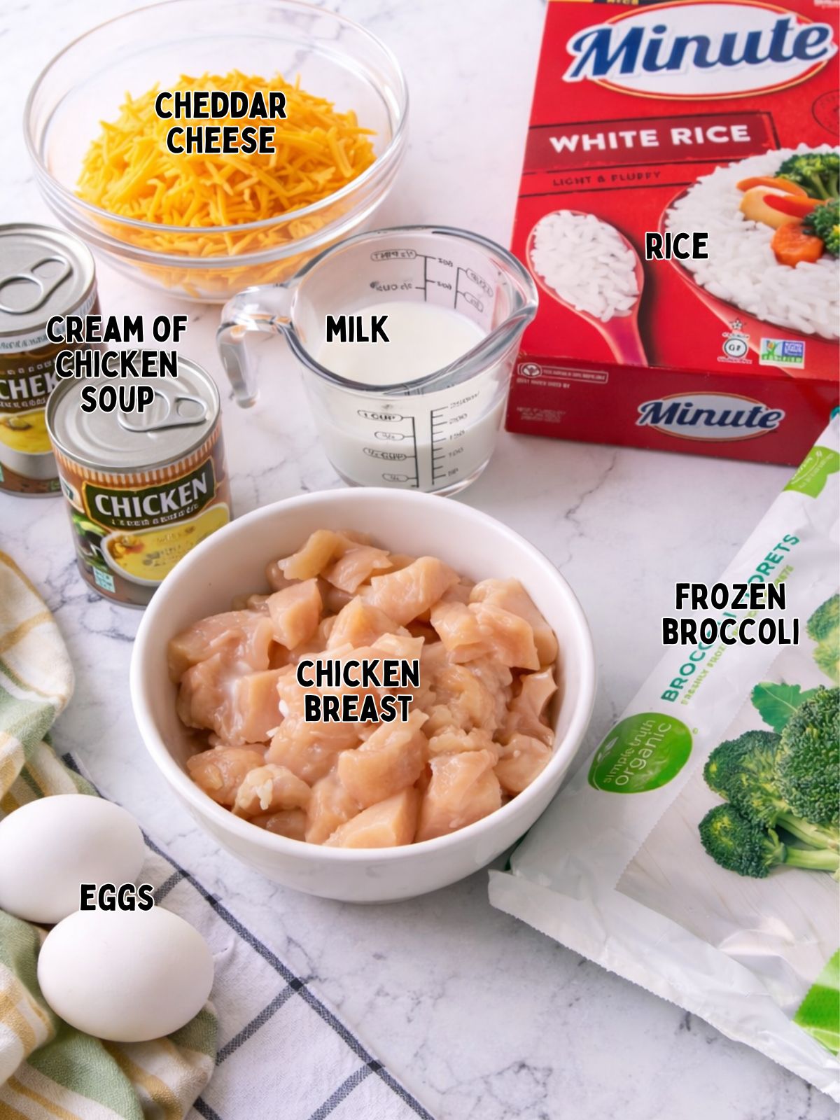 Ingredients for Chicken Rice Casserole with Broccoli.