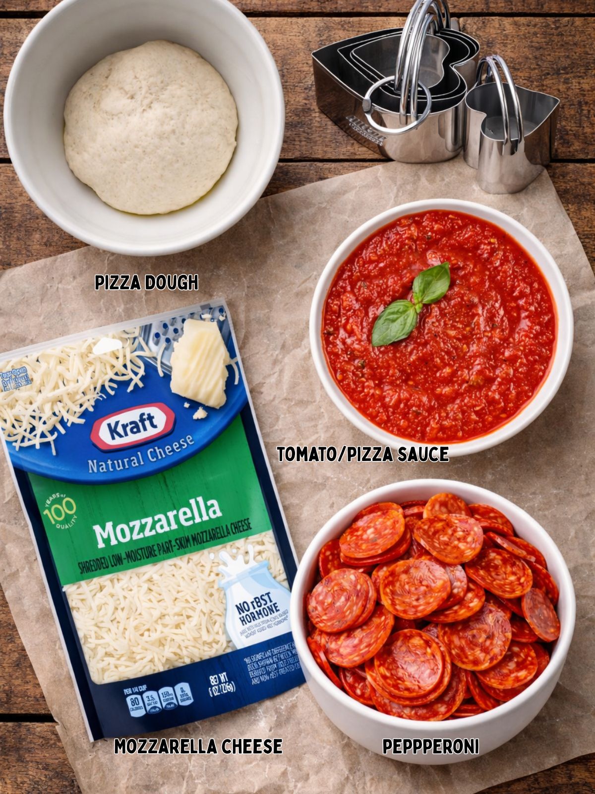 Homemade Heart Shaped Pizza is the perfect way to celebrate Valentine's Day with your husband and family. It's easy to make and delicious too from Walking on Sunshine Recipes. ingredients for pizza, shredded mozzarella cheese, homemade dough, sliced pepperoni, tomato sauce.