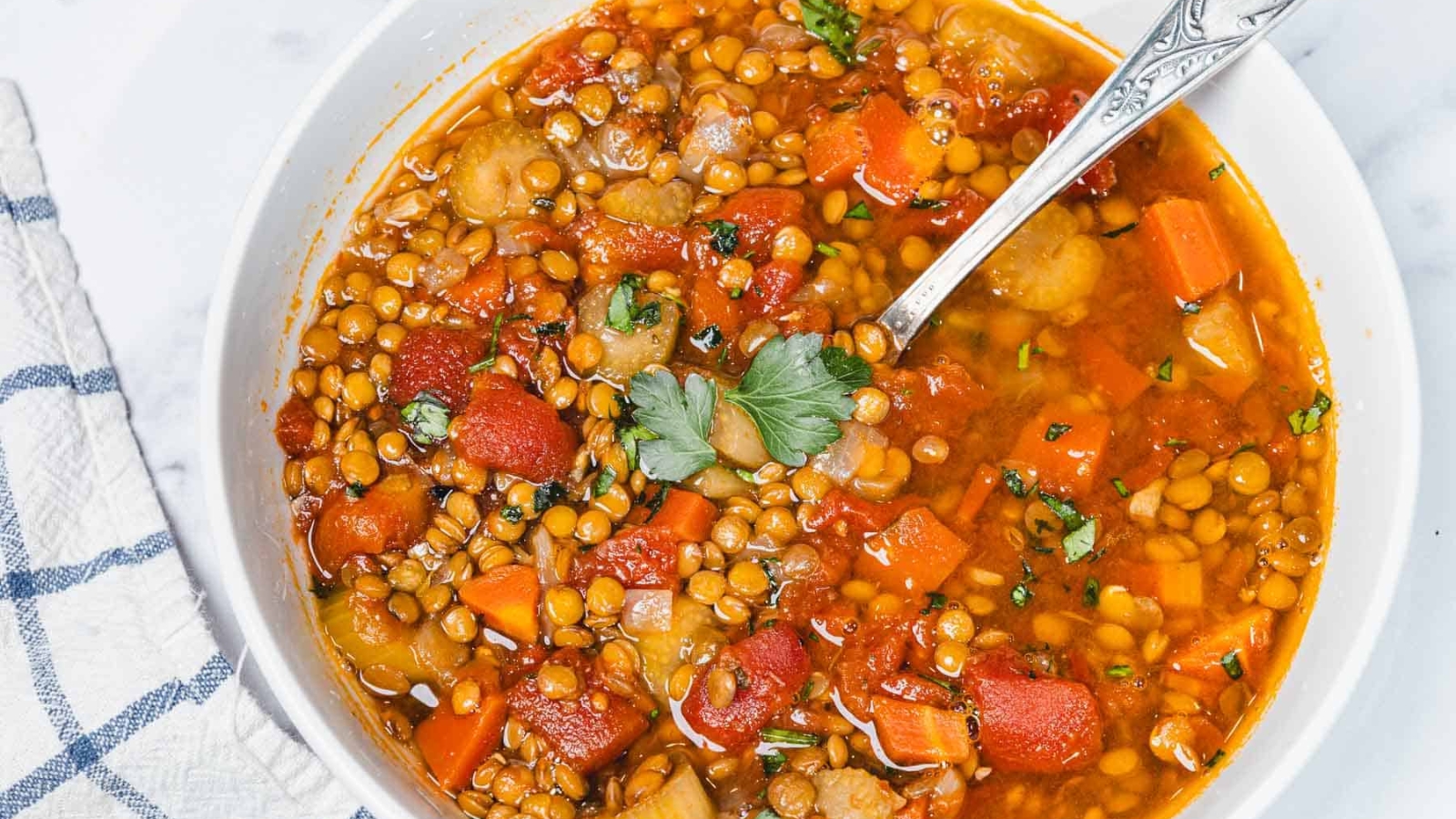 A bowl of lentil soup with carrots, tomatoes, herbs, and a spoon, garnished with fresh parsley.